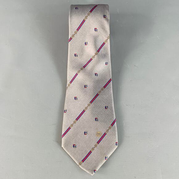 GUCCI Vintage Slate Grey Red Horsebit Diagonal Stripe Silk Tie - Picture 2 of 5